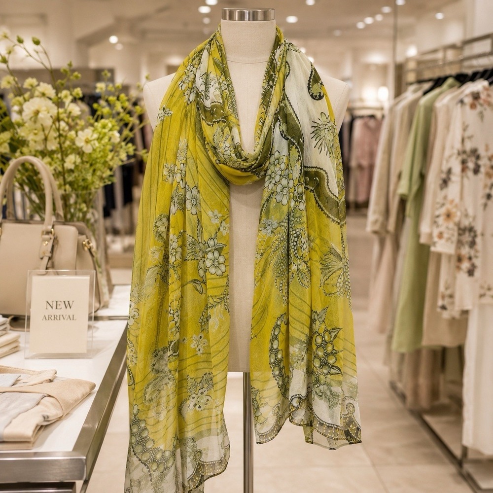 Unbranded Yellow and Green Floral Print Boho Statement Maxi Scarf Summer Event